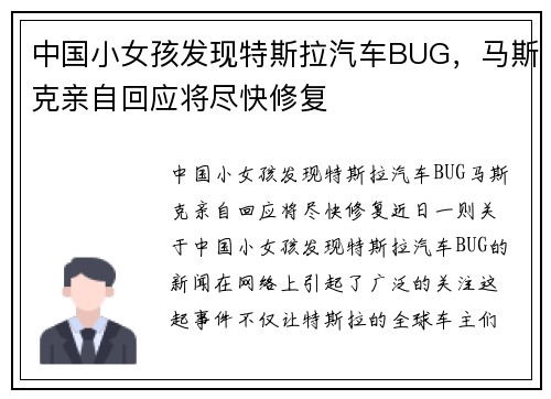 中国小女孩发现特斯拉汽车BUG，马斯克亲自回应将尽快修复