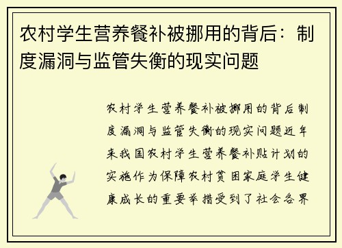 农村学生营养餐补被挪用的背后:制度漏洞与监管失衡的现实问题