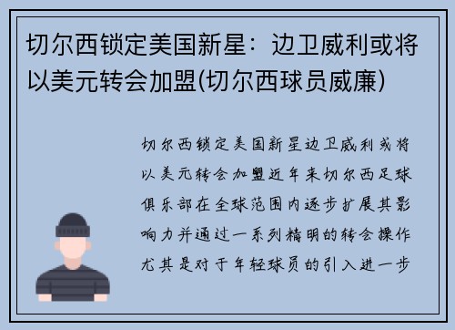 切尔西锁定美国新星:边卫威利或将以美元转会加盟(切尔西球员威廉)